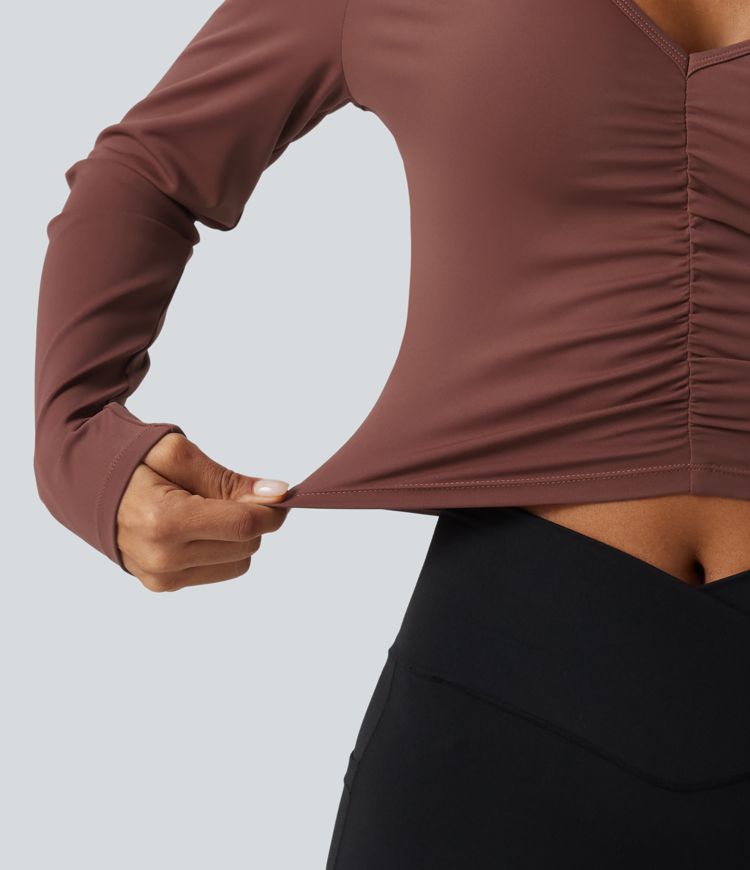 SoftlyZero™ Airy V Neck Ruched Long Sleeve Cut Out InstantCool Cropped Yoga Sports Top-UPF50+ SoftlyZero™ Airy V Neck Ruched Long Sleeve Cut Out InstantCool Cropped Yoga Sports Top-UPF50+