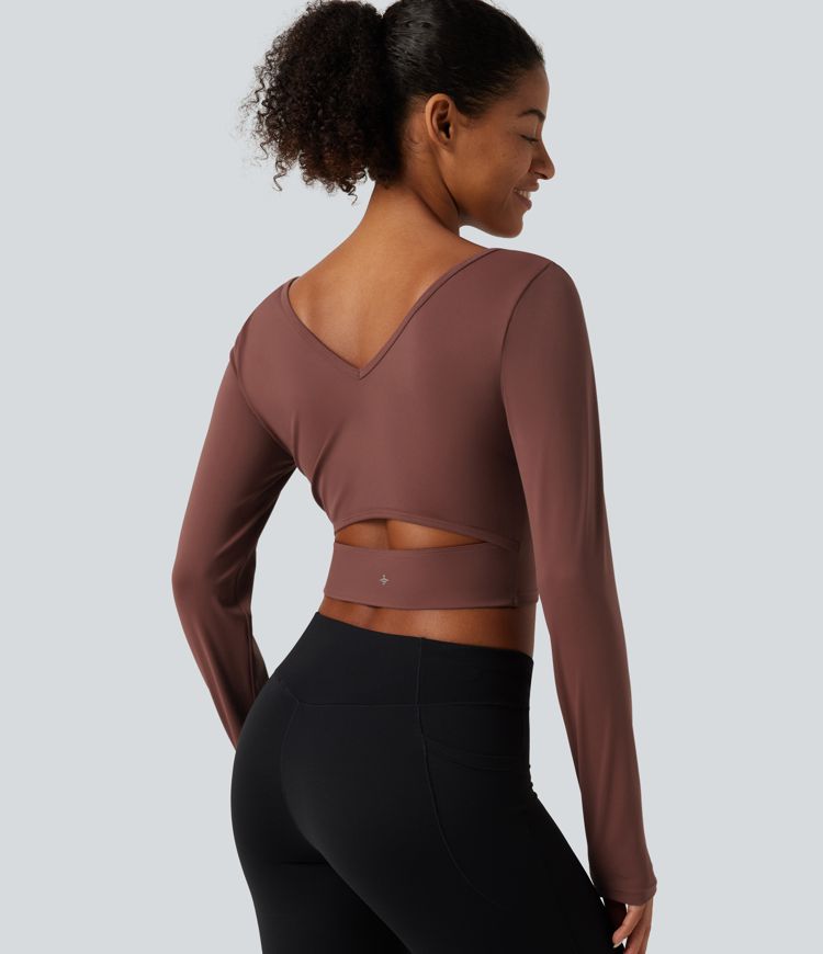SoftlyZero™ Airy V Neck Ruched Long Sleeve Cut Out InstantCool Cropped Yoga Sports Top-UPF50+ SoftlyZero™ Airy V Neck Ruched Long Sleeve Cut Out InstantCool Cropped Yoga Sports Top-UPF50+