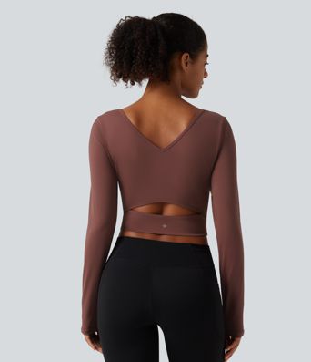 SoftlyZero™ Airy V Neck Ruched Long Sleeve Cut Out InstantCool Cropped Yoga Sports Top-UPF50+ SoftlyZero™ Airy V Neck Ruched Long Sleeve Cut Out InstantCool Cropped Yoga Sports Top-UPF50+