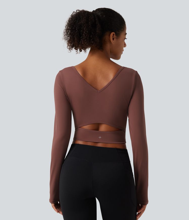 SoftlyZero™ Airy V Neck Ruched Long Sleeve Cut Out InstantCool Cropped Yoga Sports Top-UPF50+ SoftlyZero™ Airy V Neck Ruched Long Sleeve Cut Out InstantCool Cropped Yoga Sports Top-UPF50+