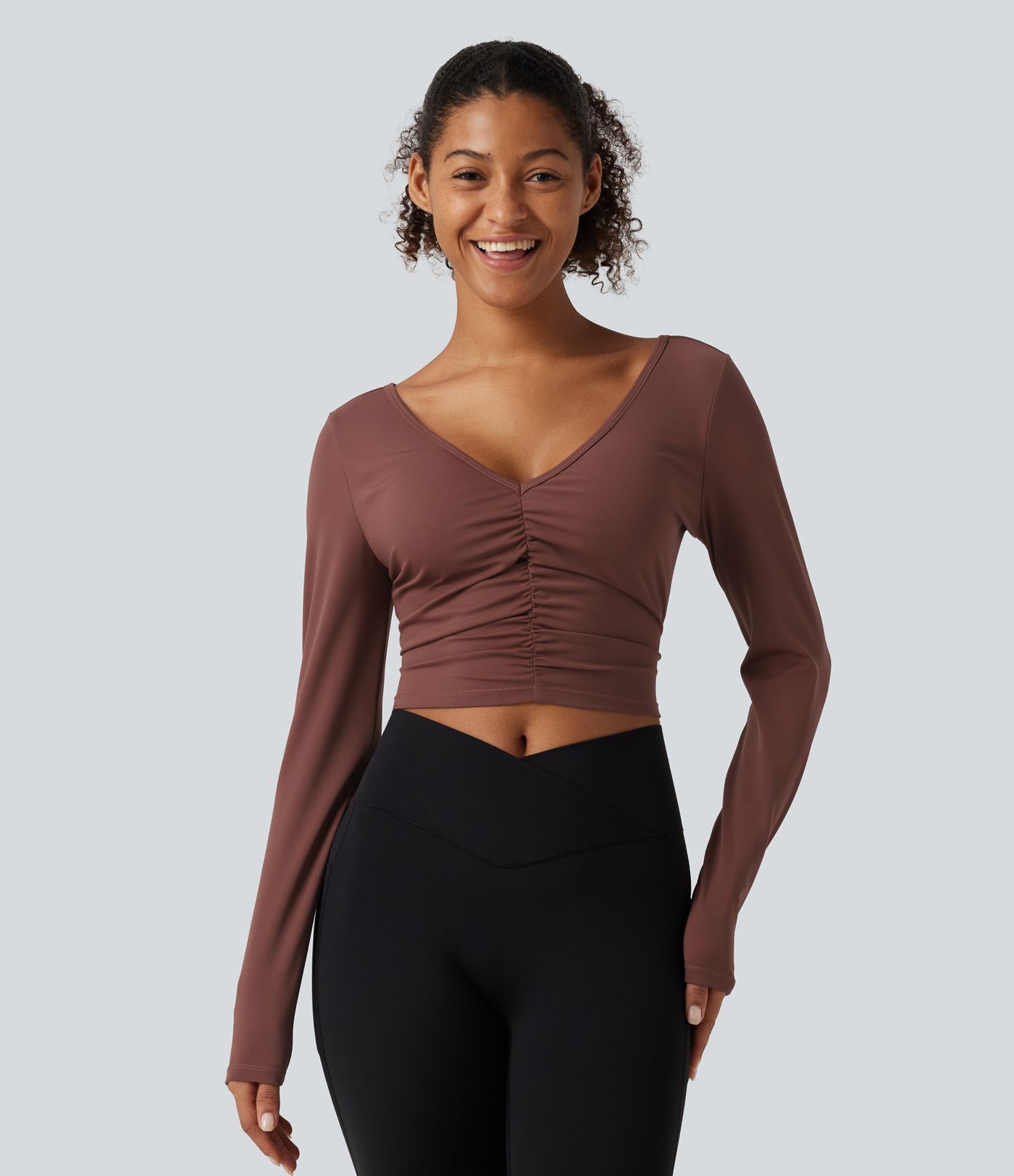 SoftlyZero™ Airy V Neck Ruched Long Sleeve Cut Out InstantCool Cropped Yoga Sports Top-UPF50+ SoftlyZero™ Airy V Neck Ruched Long Sleeve Cut Out InstantCool Cropped Yoga Sports Top-UPF50+