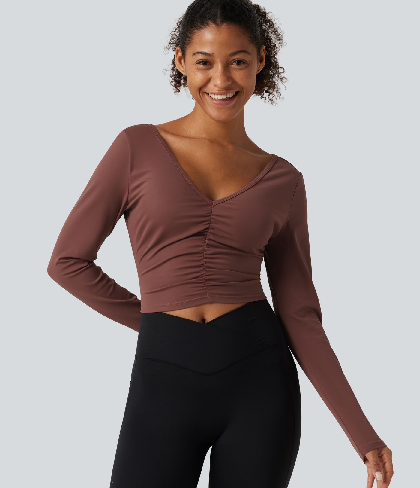 SoftlyZero™ Airy V Neck Ruched Long Sleeve Cut Out InstantCool Cropped Yoga Sports Top-UPF50+ SoftlyZero™ Airy V Neck Ruched Long Sleeve Cut Out InstantCool Cropped Yoga Sports Top-UPF50+