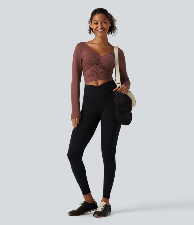 SoftlyZero™ Airy V Neck Ruched Long Sleeve Cut Out InstantCool Cropped Yoga Sports Top-UPF50+ SoftlyZero™ Airy V Neck Ruched Long Sleeve Cut Out InstantCool Cropped Yoga Sports Top-UPF50+