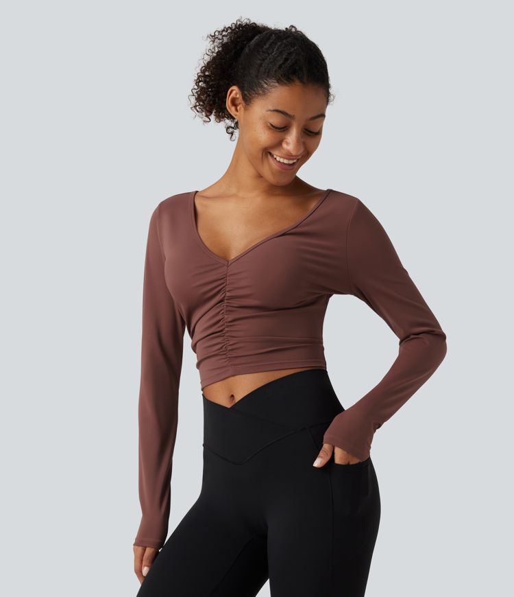 SoftlyZero™ Airy V Neck Ruched Long Sleeve Cut Out InstantCool Cropped Yoga Sports Top-UPF50+ SoftlyZero™ Airy V Neck Ruched Long Sleeve Cut Out InstantCool Cropped Yoga Sports Top-UPF50+
