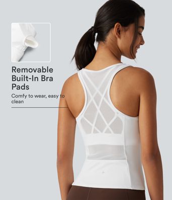 Crisscross Racerback Built-in Bra Contrast Mesh Dance Tank Top