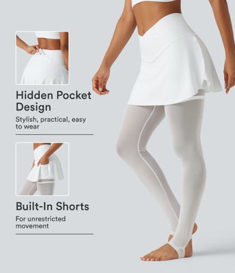 Softlyzero™ luftige, højtaljede crossover 2-i-1 leggings med kontrastmesh, InstantCool, med fodstrop og integreret nederdel, med lommer - UPF50+
