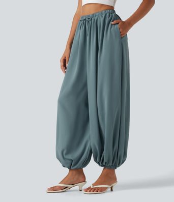 High Waisted Drawstring Casual Linen-Feel Joggers with Pockets
