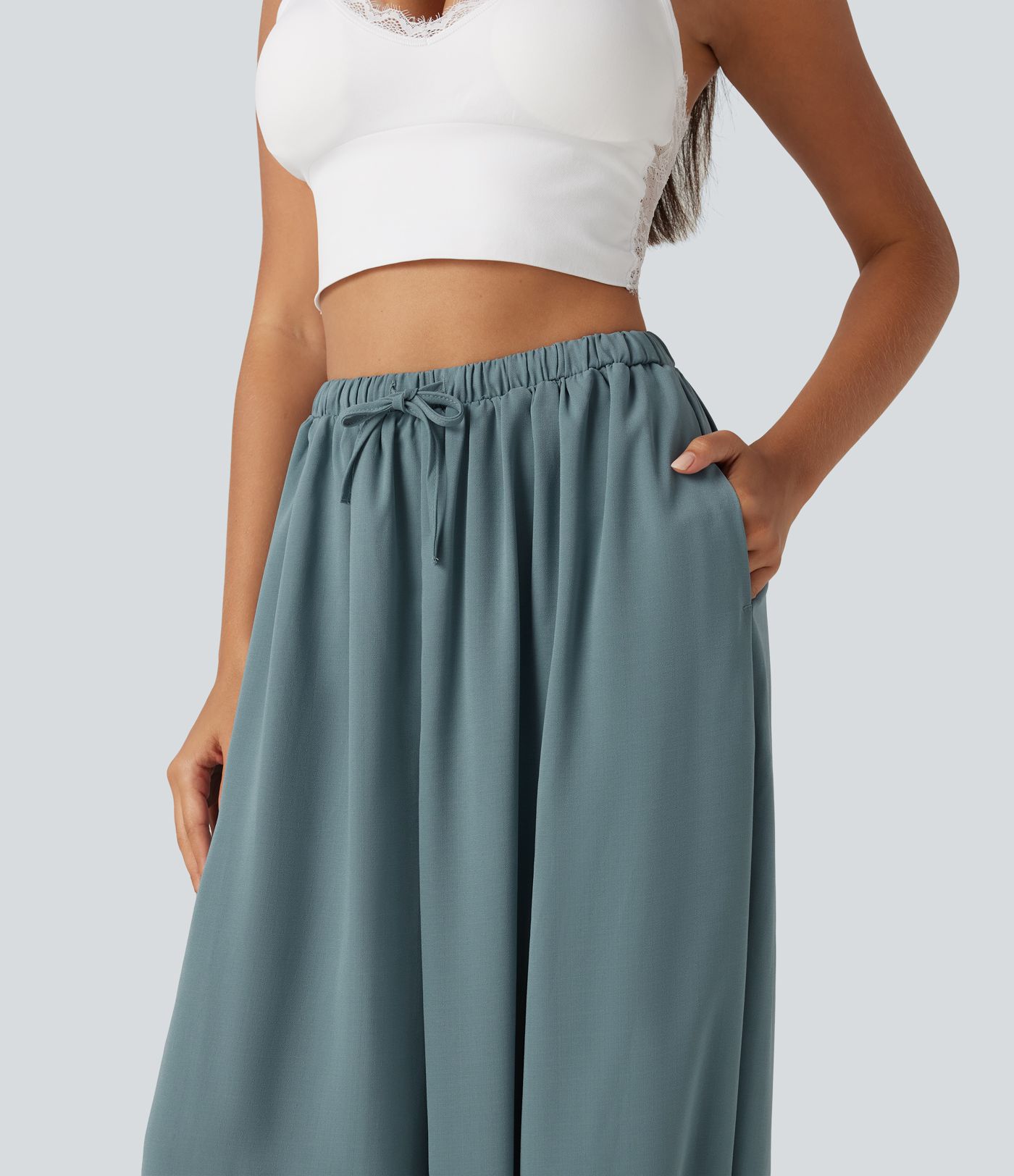 High Waisted Drawstring Casual Linen-Feel Joggers with Pockets