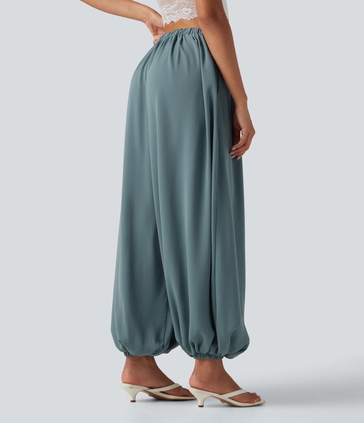 High Waisted Drawstring Casual Linen-Feel Joggers with Pockets