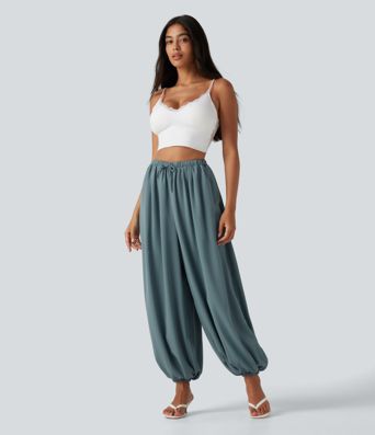 High Waisted Drawstring Casual Linen-Feel Joggers with Pockets