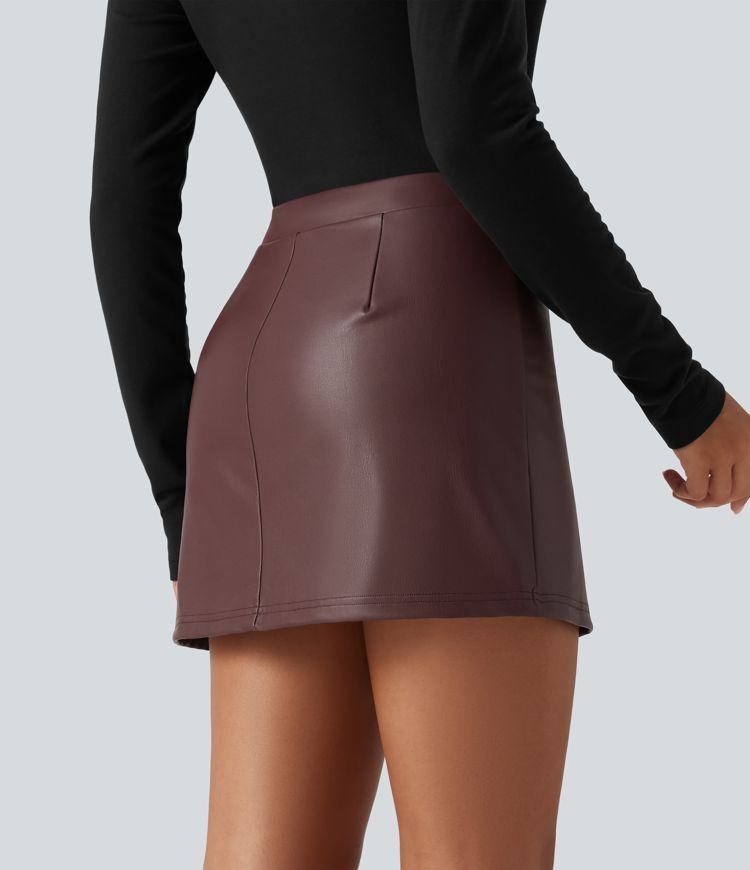 High Waisted 2-in-1 Mini Fleece Casual PU Leather Skirt