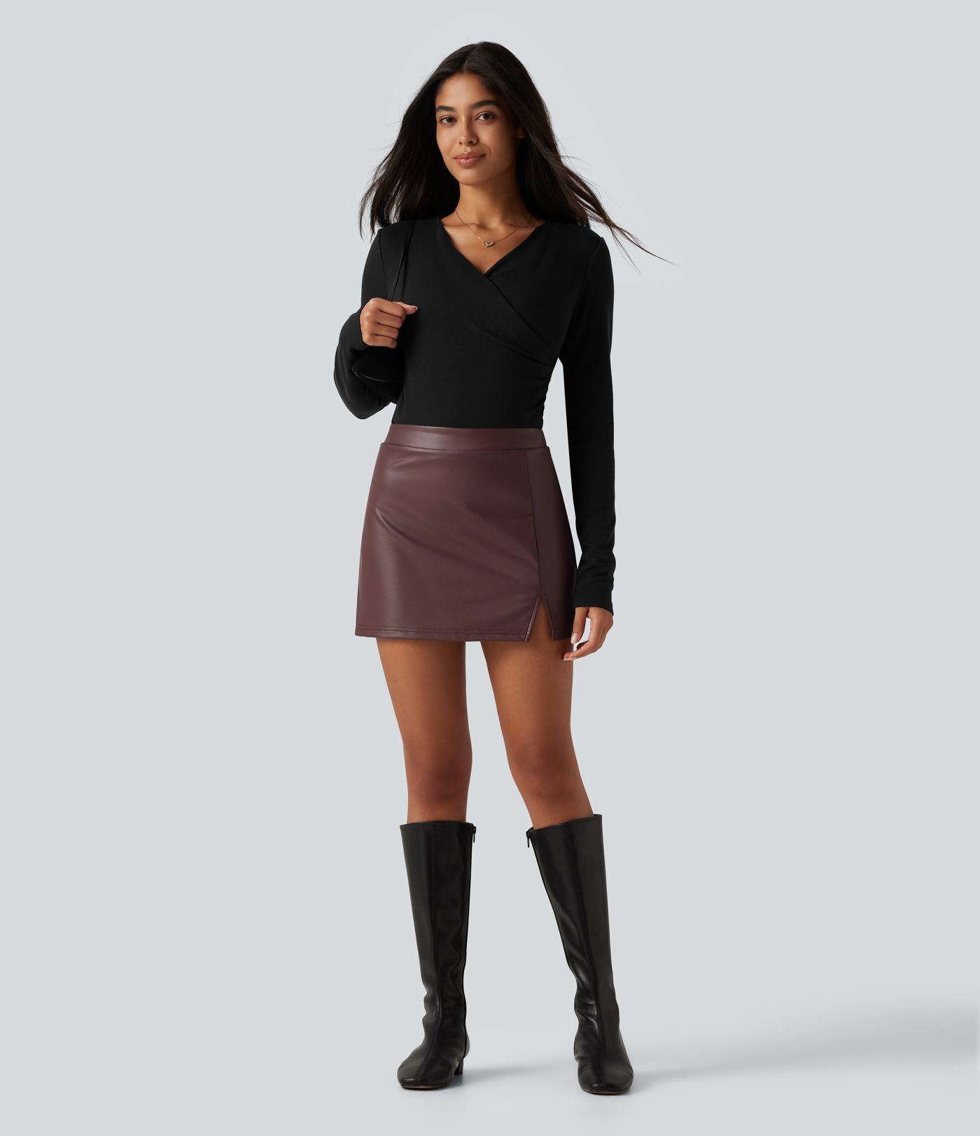 High Waisted 2-in-1 Mini Fleece Casual PU Leather Skirt
