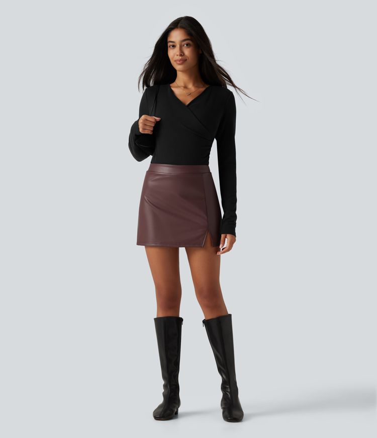 High Waisted 2-in-1 Mini Fleece Casual PU Leather Skirt