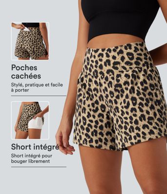 Short de yoga 2-en-1 13 cm taille haute imprimé léopard avec poches Short de yoga 2-en-1 13 cm taille haute imprimé léopard avec poches