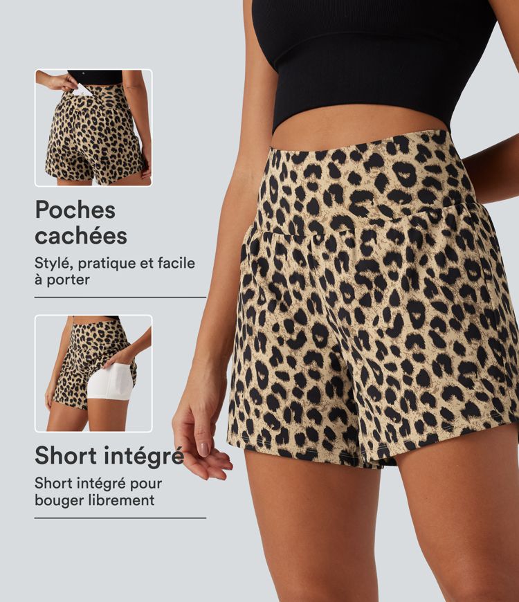 Short de yoga 2-en-1 13 cm taille haute imprimé léopard avec poches Short de yoga 2-en-1 13 cm taille haute imprimé léopard avec poches
