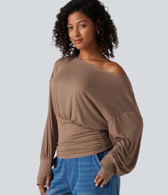 Ribbed Batwing Long Sleeve Ruched Thumb Hole Gathered Hem Casual Top Ribbed Batwing Long Sleeve Ruched Thumb Hole Gathered Hem Casual Top
