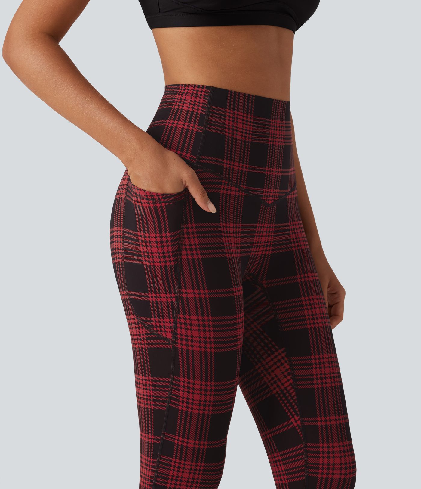 Halara UltraSculpt™ - Lauf-Leggings mit hohem Bund, Seitentaschen, Bauchkontrolle und Karomuster Halara UltraSculpt™ - Lauf-Leggings mit hohem Bund, Seitentaschen, Bauchkontrolle und Karomuster