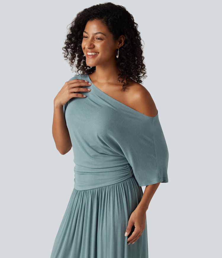 Ribbed One Shoulder Short Sleeve Ruched Maxi Casual Dress Ribbed One Shoulder Short Sleeve Ruched Maxi Casual Dress