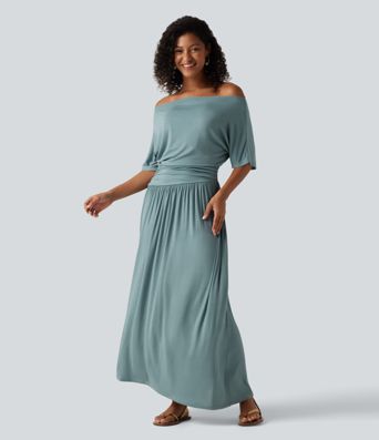 Ribbed One Shoulder Short Sleeve Ruched Maxi Casual Dress Ribbed One Shoulder Short Sleeve Ruched Maxi Casual Dress