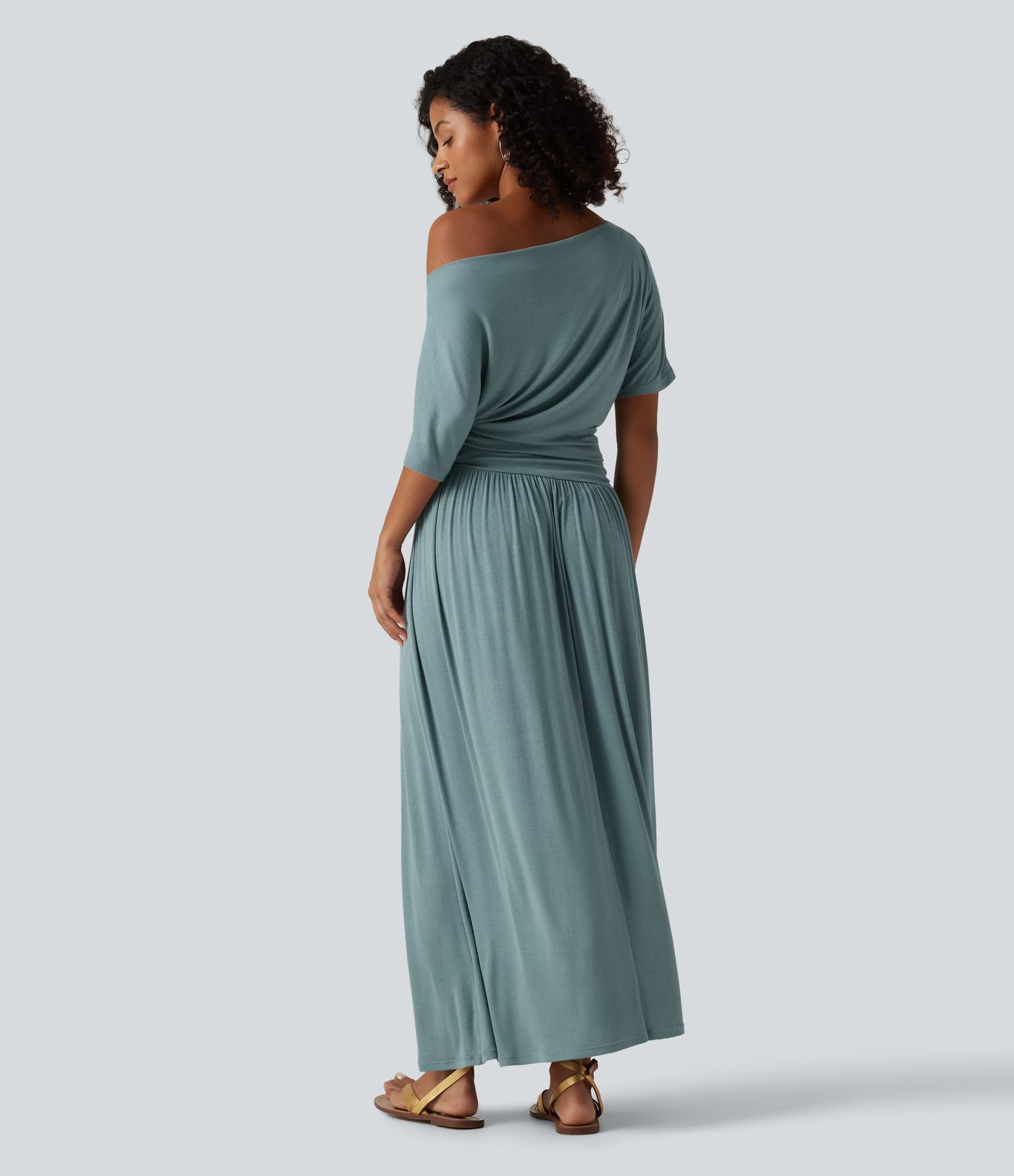Ribbed One Shoulder Short Sleeve Ruched Maxi Casual Dress Ribbed One Shoulder Short Sleeve Ruched Maxi Casual Dress