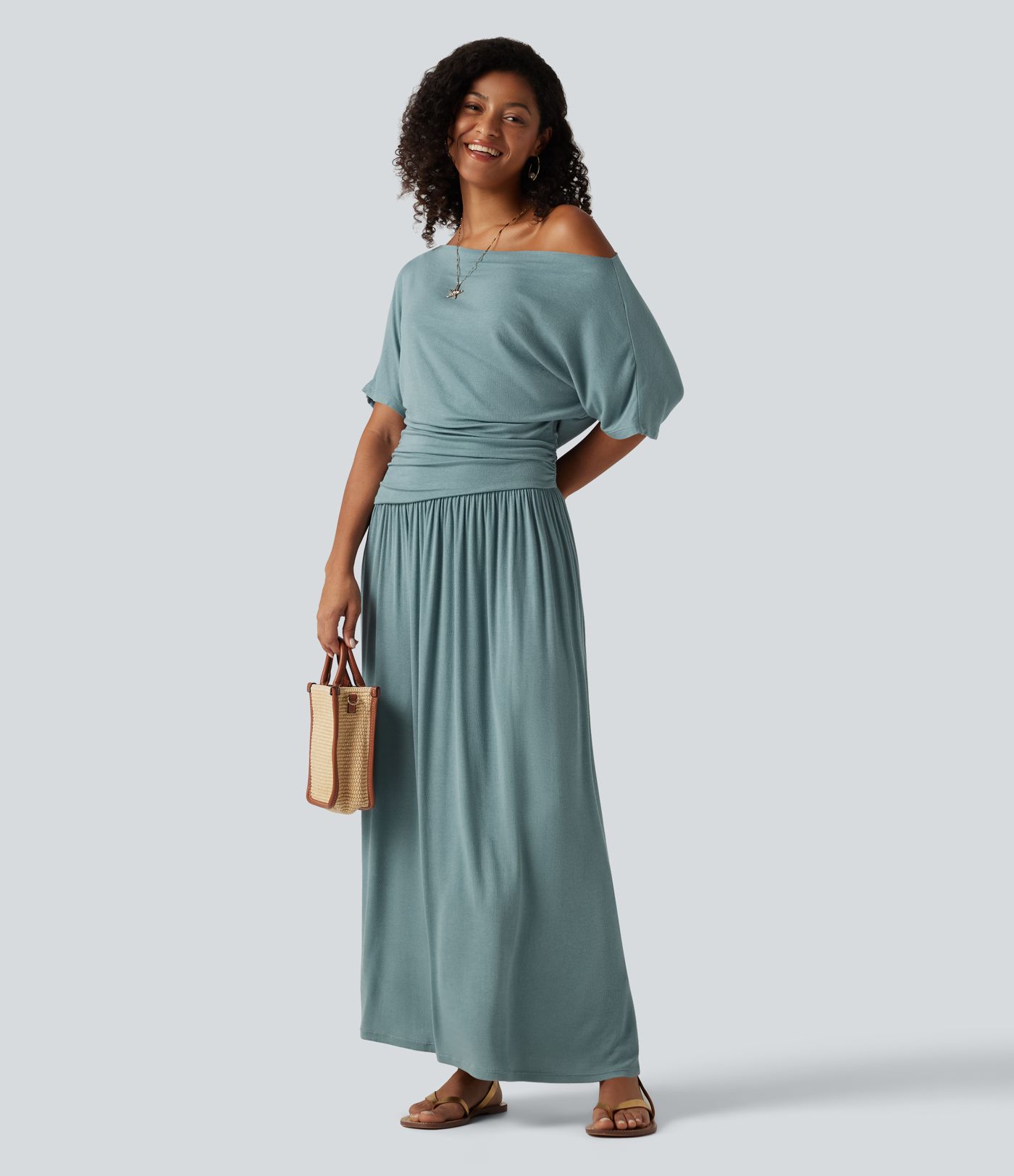 Ribbed One Shoulder Short Sleeve Ruched Maxi Casual Dress Ribbed One Shoulder Short Sleeve Ruched Maxi Casual Dress