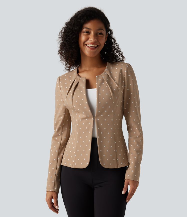 Blazer mit Rundhalsausschnitt, langen Ärmeln, Polka-Dots und abgerundetem Saum Blazer mit Rundhalsausschnitt, langen Ärmeln, Polka-Dots und abgerundetem Saum