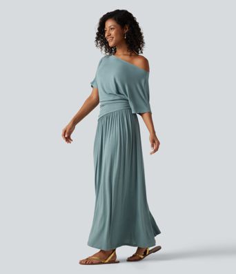 Ribbed One Shoulder Short Sleeve Ruched Maxi Casual Dress Ribbed One Shoulder Short Sleeve Ruched Maxi Casual Dress