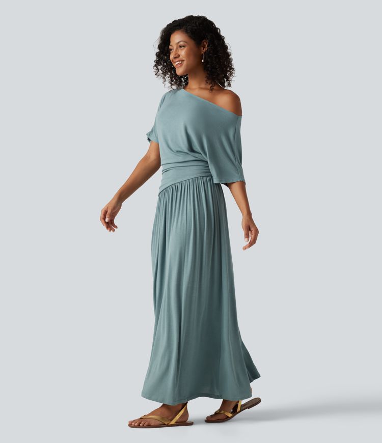 Ribbed One Shoulder Short Sleeve Ruched Maxi Casual Dress Ribbed One Shoulder Short Sleeve Ruched Maxi Casual Dress