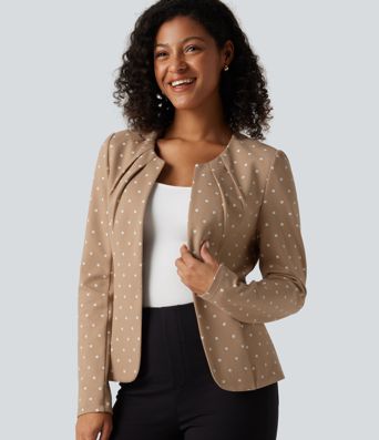 Blazer mit Rundhalsausschnitt, langen Ärmeln, Polka-Dots und abgerundetem Saum Blazer mit Rundhalsausschnitt, langen Ärmeln, Polka-Dots und abgerundetem Saum