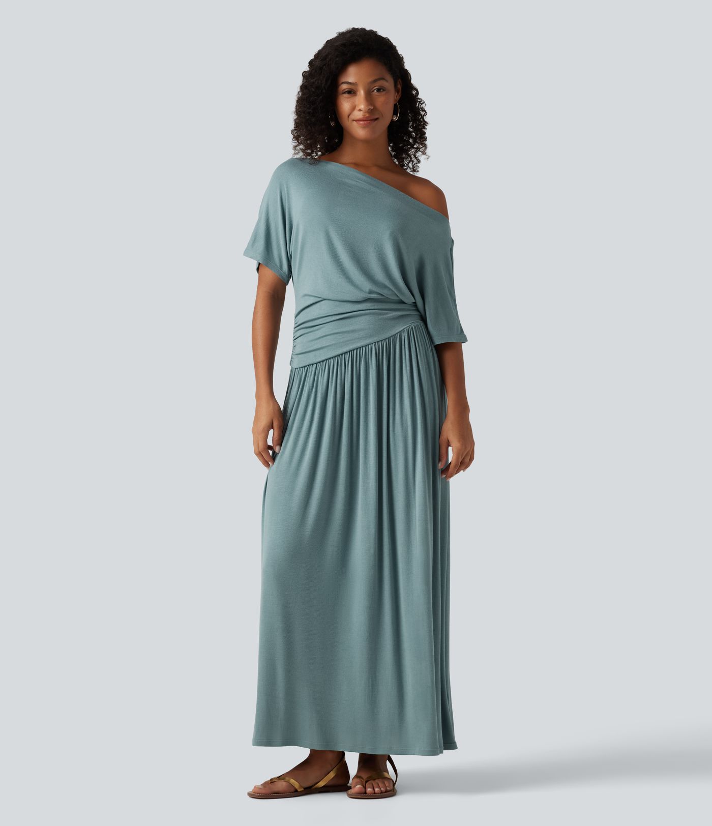 Ribbed One Shoulder Short Sleeve Ruched Maxi Casual Dress Ribbed One Shoulder Short Sleeve Ruched Maxi Casual Dress