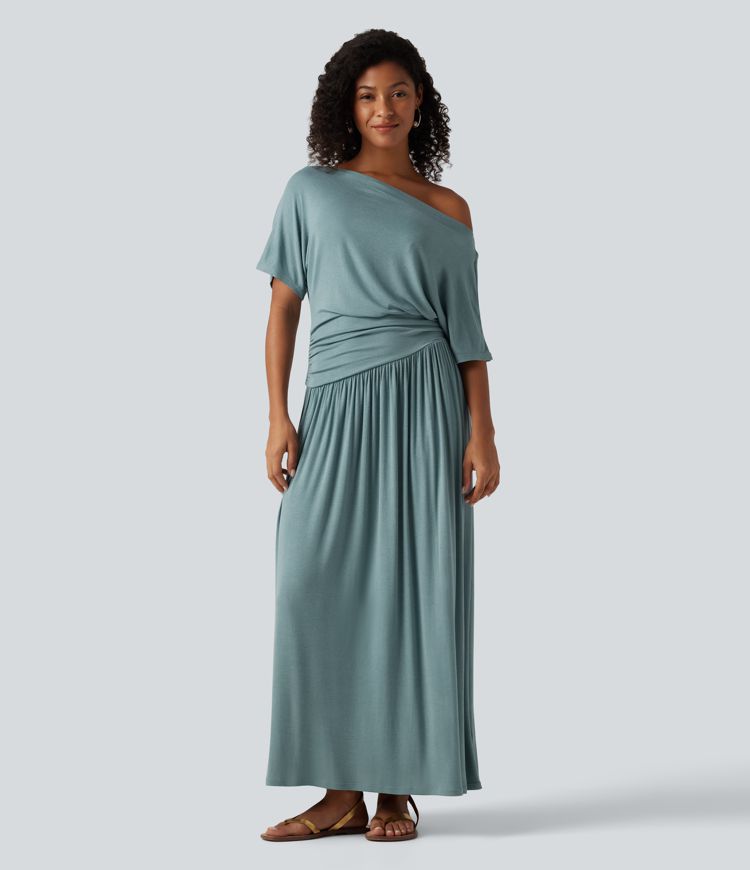 Ribbed One Shoulder Short Sleeve Ruched Maxi Casual Dress Ribbed One Shoulder Short Sleeve Ruched Maxi Casual Dress