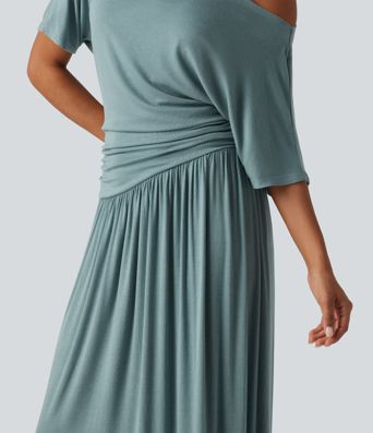 Ribbed One Shoulder Short Sleeve Ruched Maxi Casual Dress Ribbed One Shoulder Short Sleeve Ruched Maxi Casual Dress