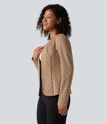 Blazer mit Rundhalsausschnitt, langen Ärmeln, Polka-Dots und abgerundetem Saum Blazer mit Rundhalsausschnitt, langen Ärmeln, Polka-Dots und abgerundetem Saum