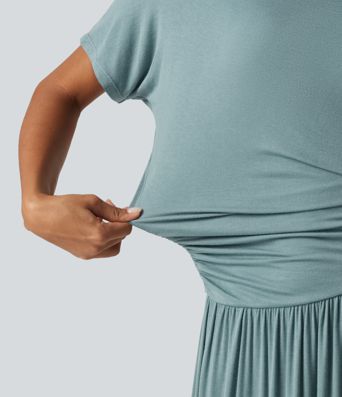 Ribbed One Shoulder Short Sleeve Ruched Maxi Casual Dress Ribbed One Shoulder Short Sleeve Ruched Maxi Casual Dress