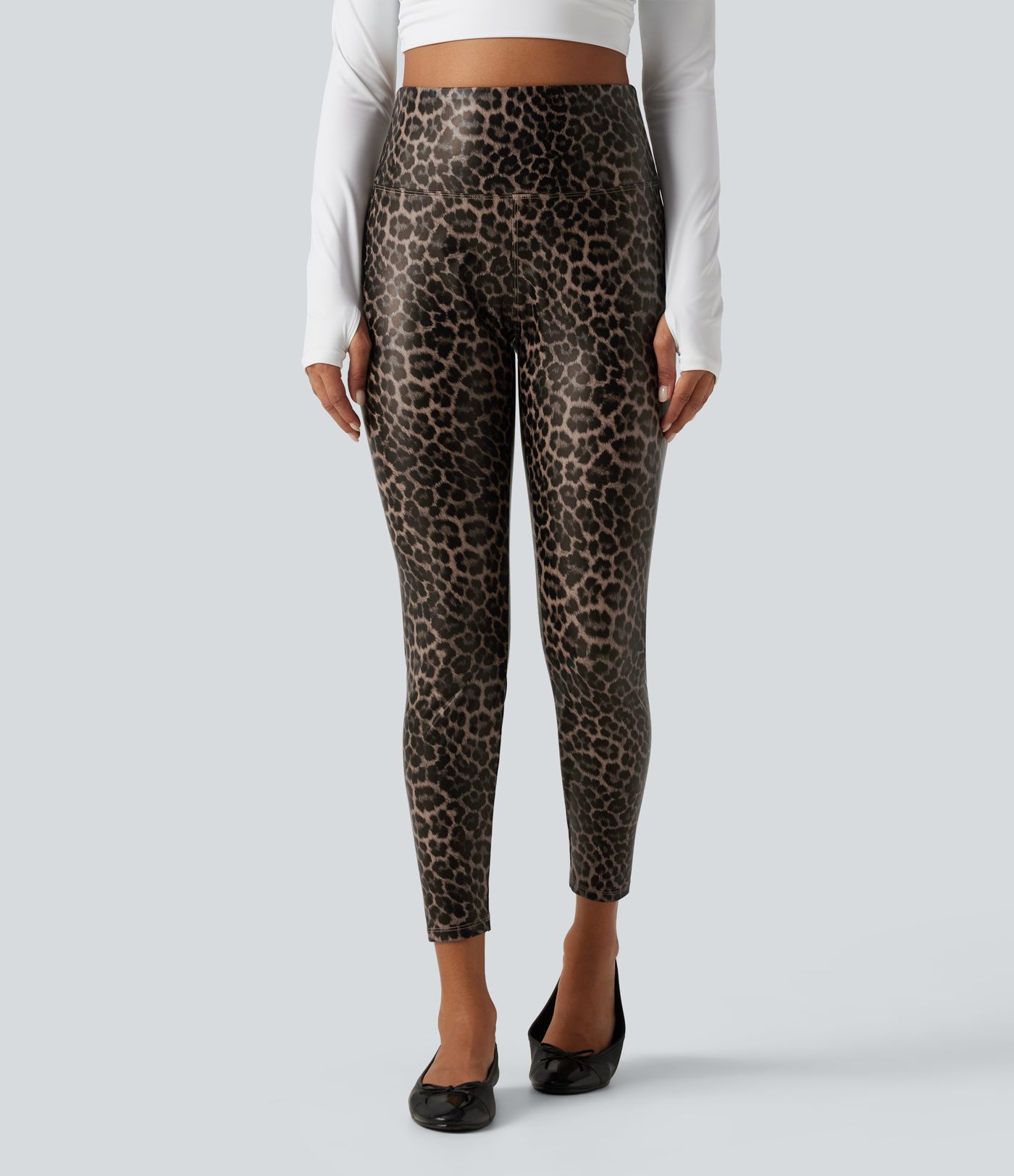 Leggings skinny casual de talle alto con control del abdomen, elásticos de PU con estampado de leopardo y bolsillos Leggings skinny casual de talle alto con control del abdomen, elásticos de PU con estampado de leopardo y bolsillos