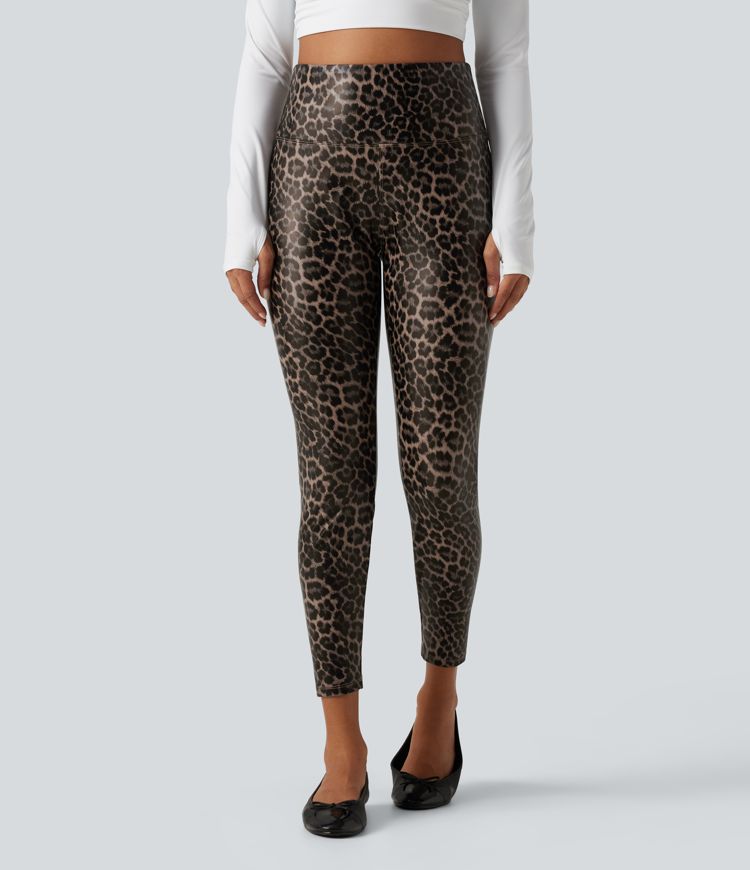 Leggings skinny casual de talle alto con control del abdomen, elásticos de PU con estampado de leopardo y bolsillos Leggings skinny casual de talle alto con control del abdomen, elásticos de PU con estampado de leopardo y bolsillos