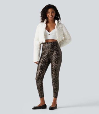 Lässige Leggings aus elastischem Kunstleder mit hohem Bund, Gesäßtaschen, Bauchkontrolle und Leopardenmuster - skinny fit Lässige Leggings aus elastischem Kunstleder mit hohem Bund, Gesäßtaschen, Bauchkontrolle und Leopardenmuster - skinny fit