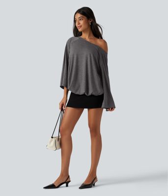Boat Neck Ruched Batwing Long Sleeve Top