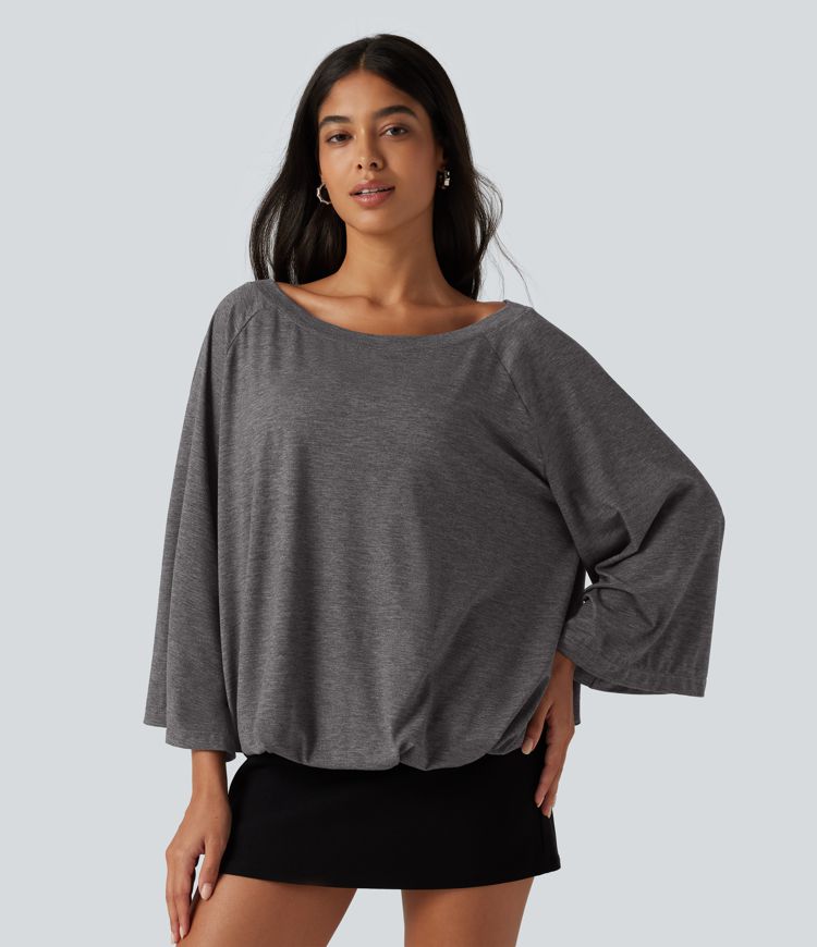 Boat Neck Ruched Batwing Long Sleeve Top