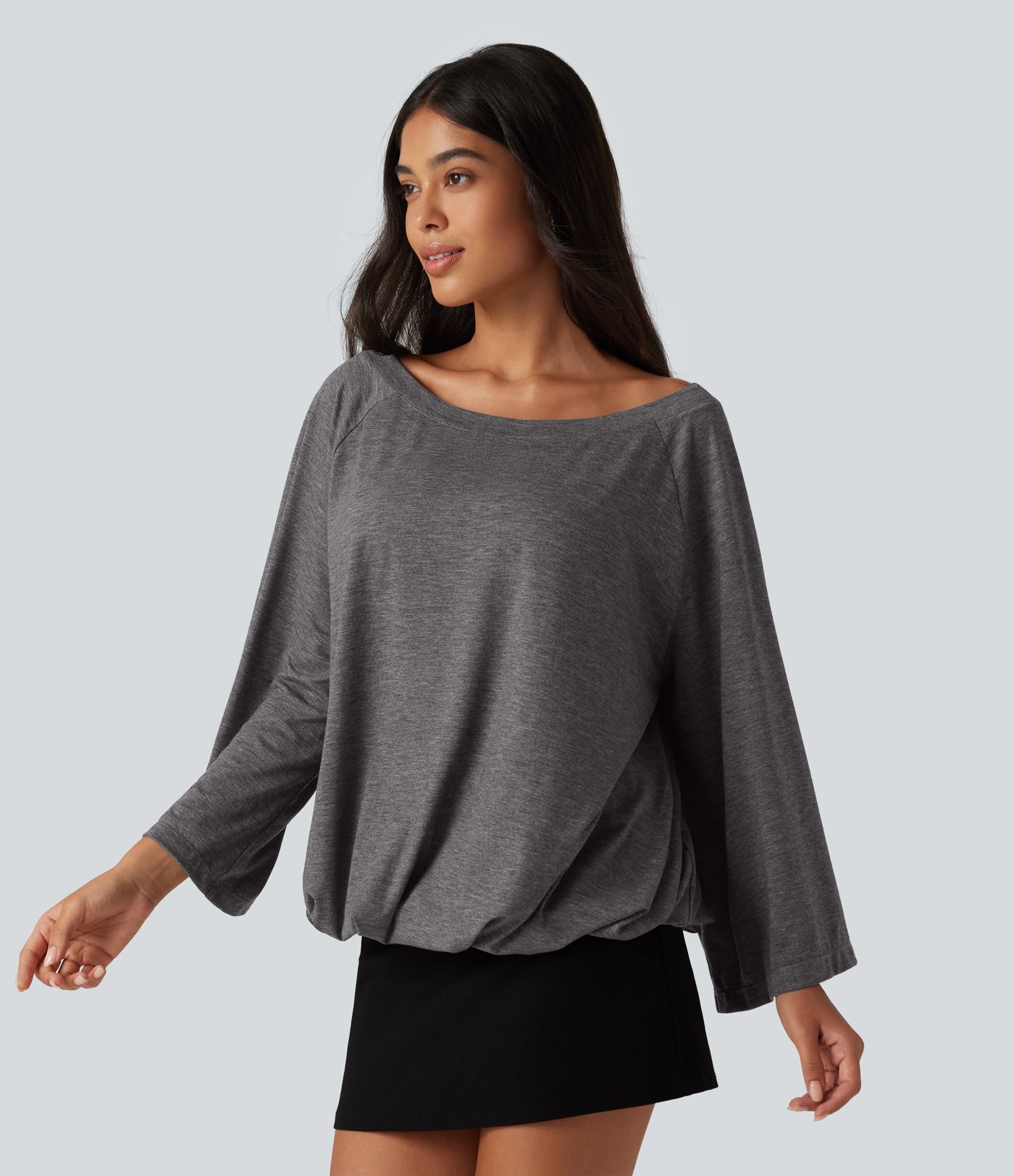 Boat Neck Ruched Batwing Long Sleeve Top
