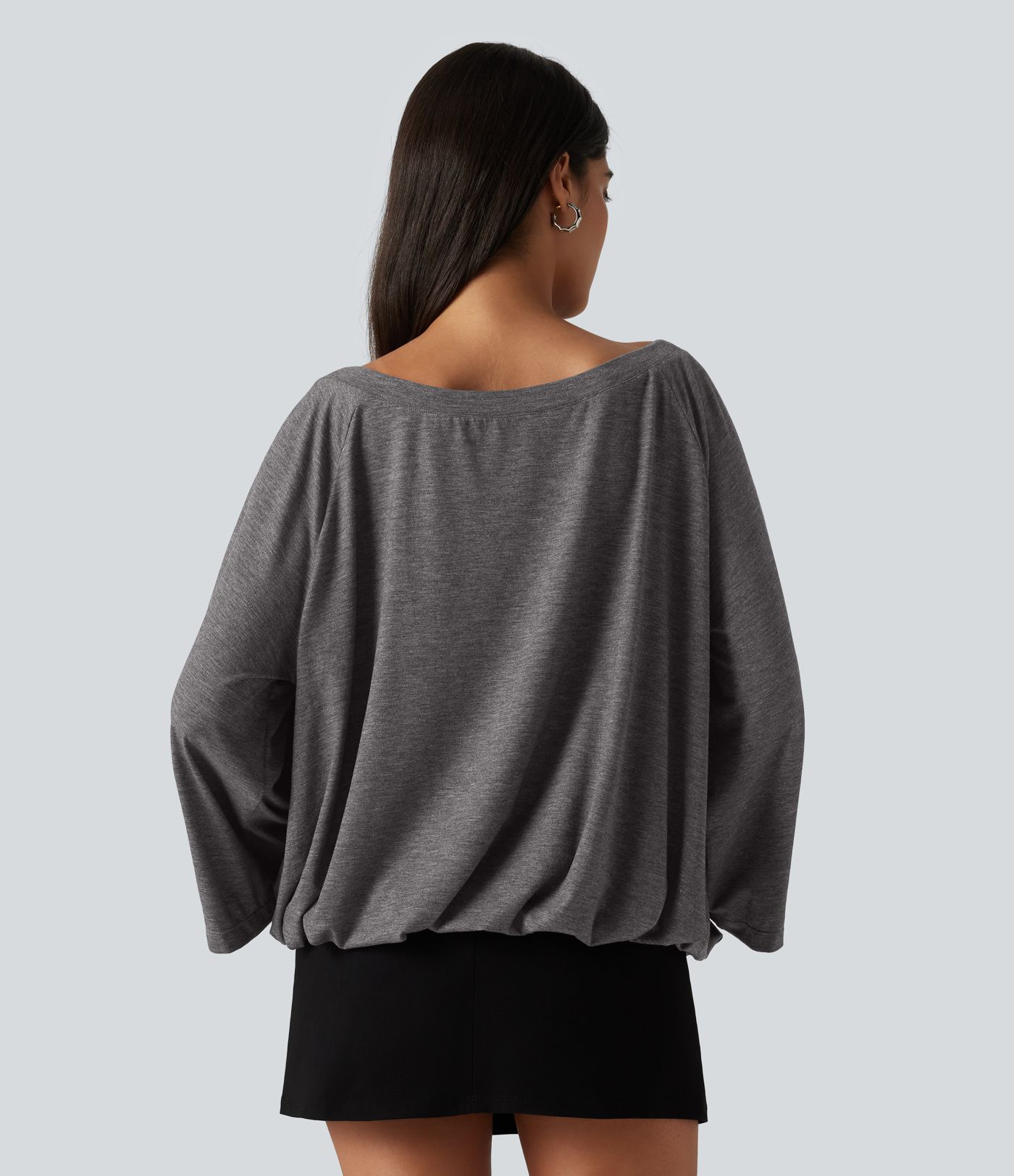 Boat Neck Ruched Batwing Long Sleeve Top