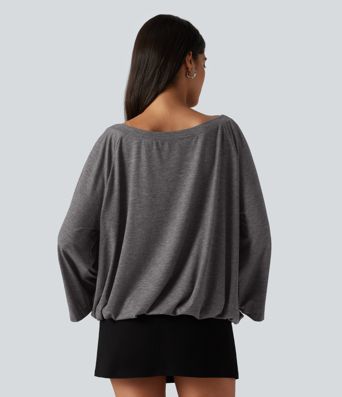 Boat Neck Ruched Batwing Long Sleeve Top
