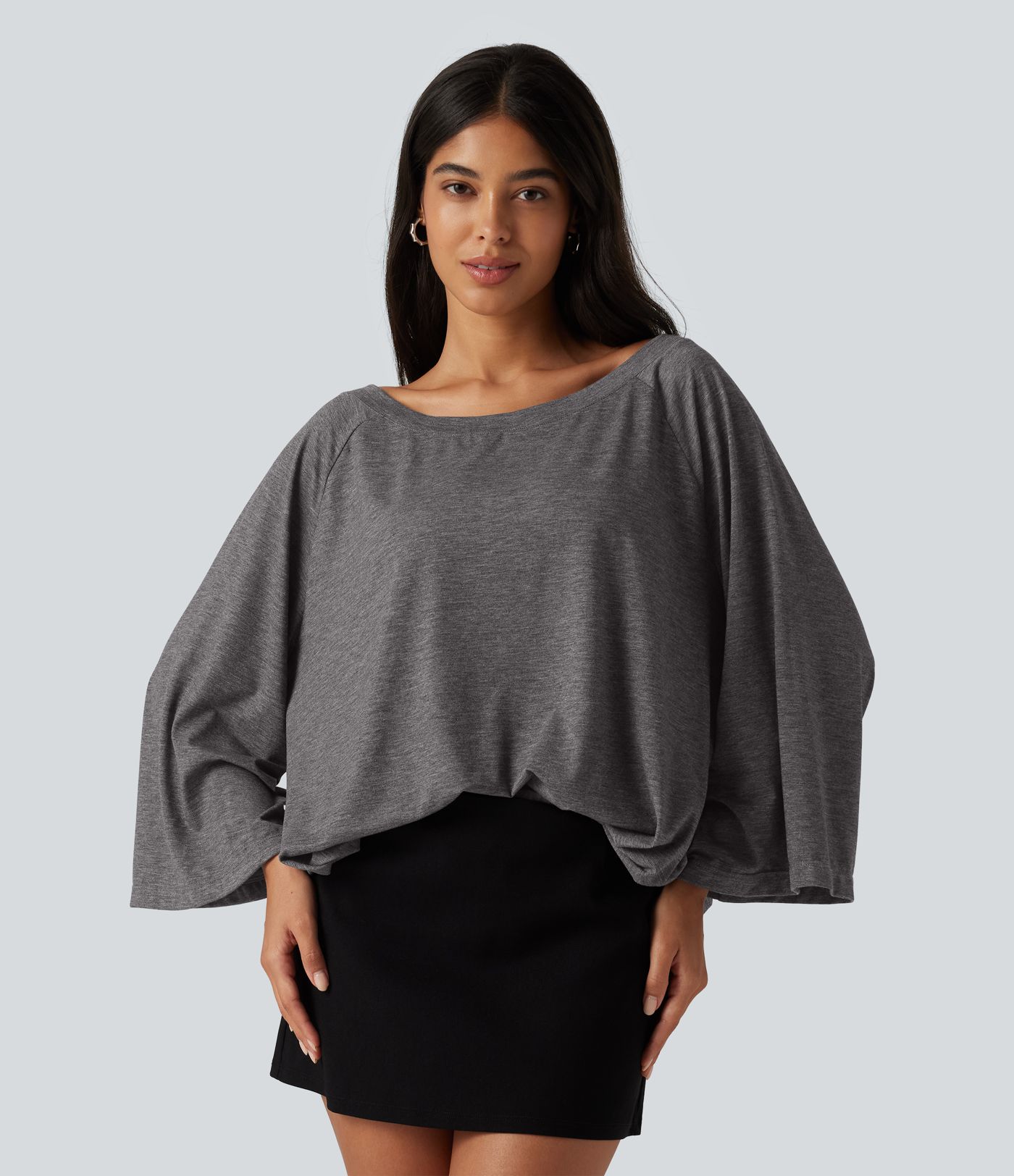 Boat Neck Ruched Batwing Long Sleeve Top