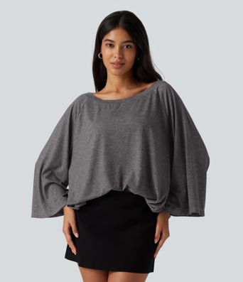 Boat Neck Ruched Batwing Long Sleeve Top