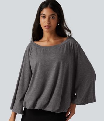 Boat Neck Ruched Batwing Long Sleeve Top