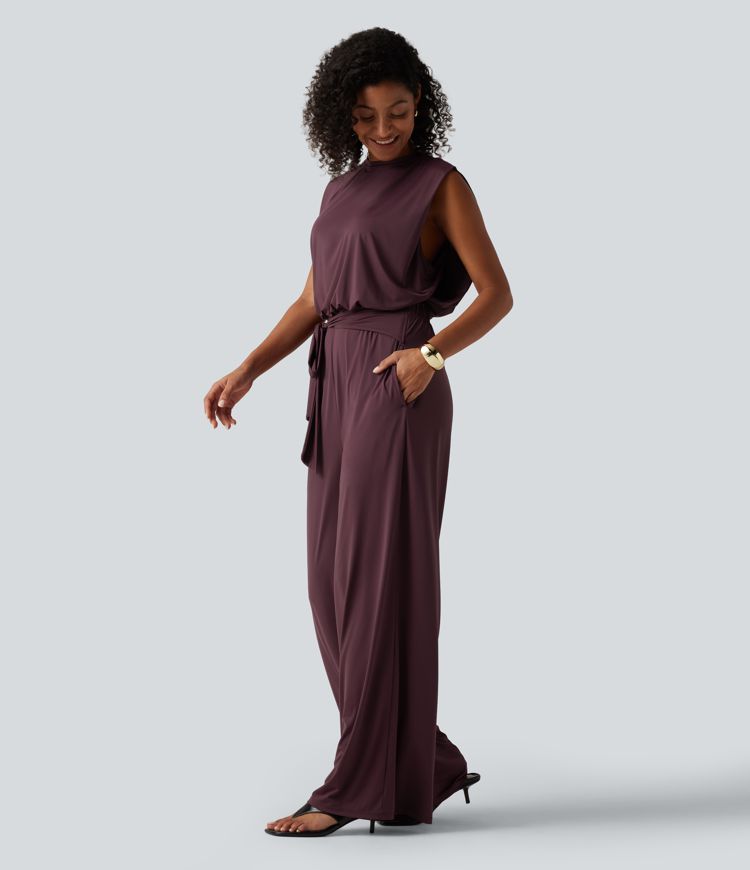 Round Neck Sleeveless Tie Front InstantCool Casual Jumpsuit with Pockets-Easy Peezy Edition-UPF50+