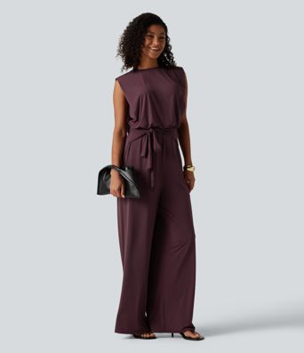 Round Neck Sleeveless Tie Front InstantCool Casual Jumpsuit with Pockets-Easy Peezy Edition-UPF50+