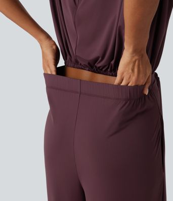 Round Neck Sleeveless Tie Front InstantCool Casual Jumpsuit with Pockets-Easy Peezy Edition-UPF50+