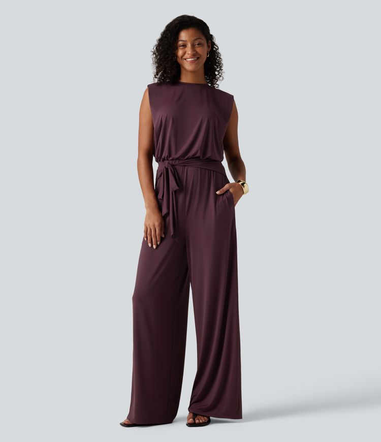 Round Neck Sleeveless Tie Front InstantCool Casual Jumpsuit with Pockets-Easy Peezy Edition-UPF50+ Round Neck Sleeveless Tie Front InstantCool Casual Jumpsuit with Pockets-Easy Peezy Edition-UPF50+