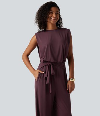 Round Neck Sleeveless Tie Front InstantCool Casual Jumpsuit with Pockets-Easy Peezy Edition-UPF50+